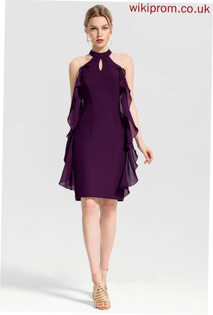 Sabrina With Neck Chiffon Knee-Length Dress Ruffles Cocktail Cascading Sheath/Column Scoop Cocktail Dresses