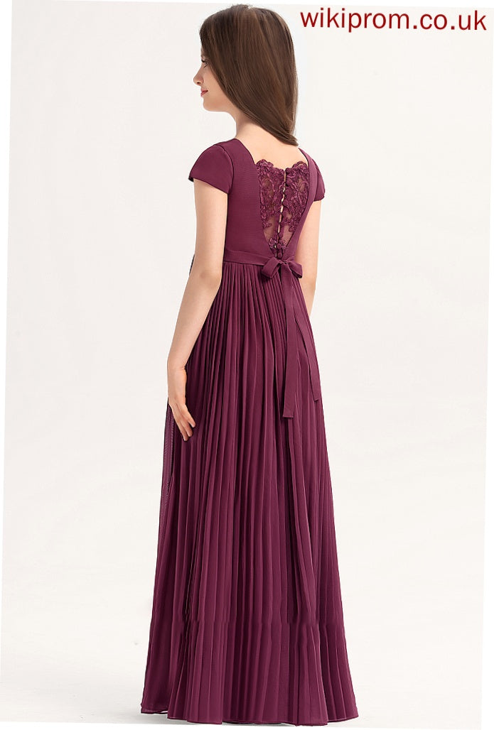 Pleated Junior Bridesmaid Dresses With Lace Bow(s) Gertrude Chiffon Square A-Line Floor-Length Neckline