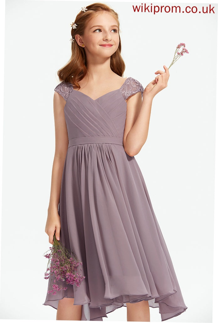 V-neck Knee-Length Junior Bridesmaid Dresses Elliana Lace With A-Line Chiffon Ruffle