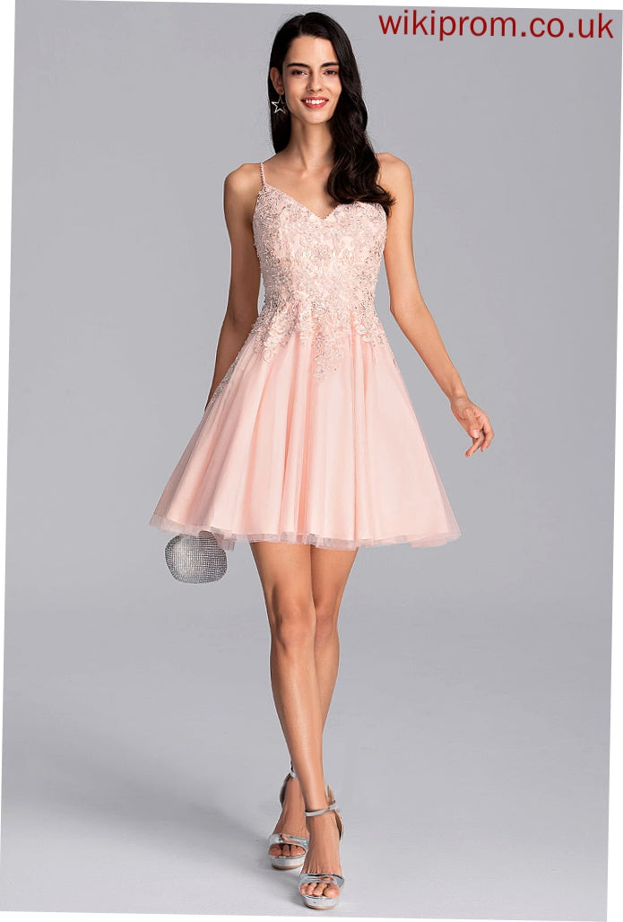 Dress With A-Line Homecoming Simone V-neck Beading Homecoming Dresses Lace Short/Mini Tulle