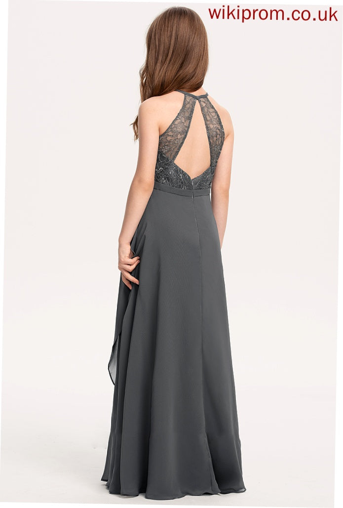 A-Line Scoop Chiffon With Junior Bridesmaid Dresses Lace Germaine Ruffles Cascading Neck Floor-Length