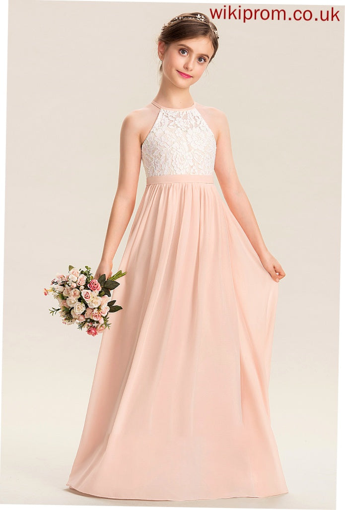 Summer A-Line Floor-Length Chiffon Scoop Lace Junior Bridesmaid Dresses Neck