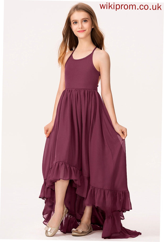 Bow(s) Cascading Scoop Chiffon With Muriel A-Line Asymmetrical Junior Bridesmaid Dresses Neck Ruffles