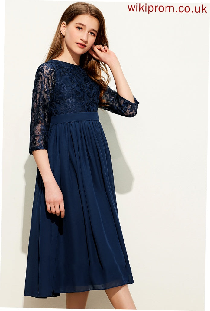 Neck Tea-Length A-Line Lace Chiffon Junior Bridesmaid Dresses Scoop Juliana