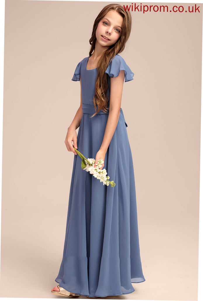 A-Line With Neck Scoop Floor-Length Jazmin Junior Bridesmaid Dresses Bow(s) Chiffon