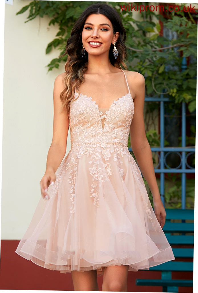 With Short/Mini Homecoming Lace A-Line Tulle V-neck Dress Sequins Madilynn Homecoming Dresses