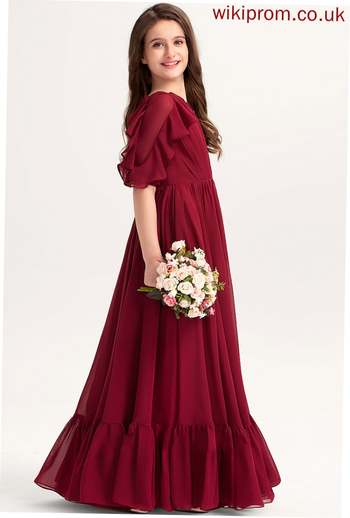 Junior Bridesmaid Dresses Chiffon Floor-Length Cascading Neck A-Line Julia Ruffles Scoop With