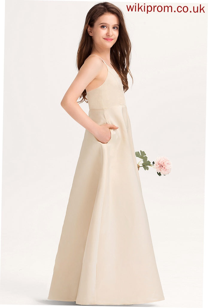 Junior Bridesmaid Dresses With Pockets Janessa A-Line Satin Floor-Length V-neck