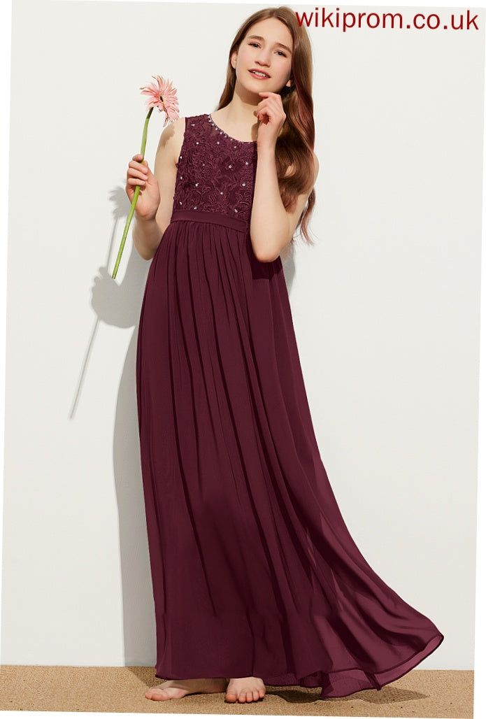 A-Line Sequins Leyla Lace Neck Chiffon Junior Bridesmaid Dresses With Floor-Length Scoop Beading