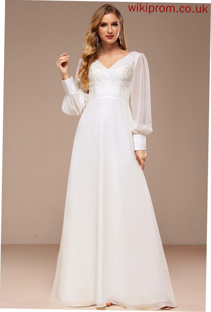 Chiffon Lace Sequins A-Line With Dress Wedding Carly Floor-Length Wedding Dresses V-neck