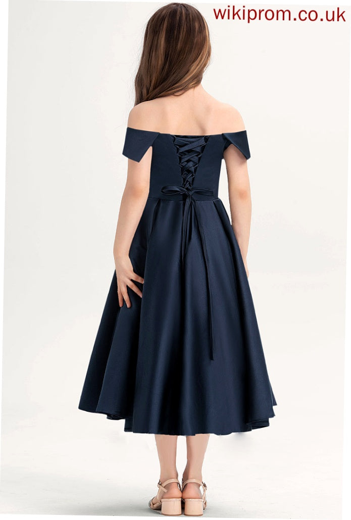 With A-Line Satin Tea-Length Ruffle Off-the-Shoulder Junior Bridesmaid Dresses Pamela Pockets