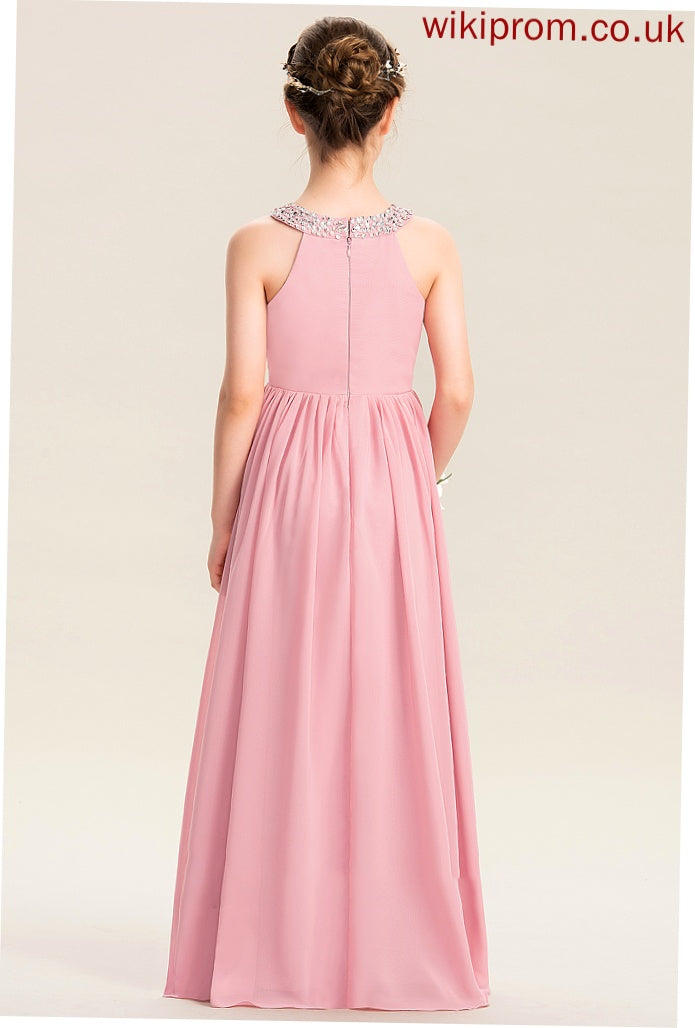 Sequins Neck Heidy Beading With Lace Scoop Floor-Length A-Line Ruffle Junior Bridesmaid Dresses Chiffon