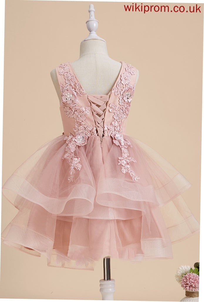 With Thelma Flower Girl - Beading/Flower(s)/Sequins Sleeveless Knee-length Tulle/Lace V-neck Dress A-Line Flower Girl Dresses