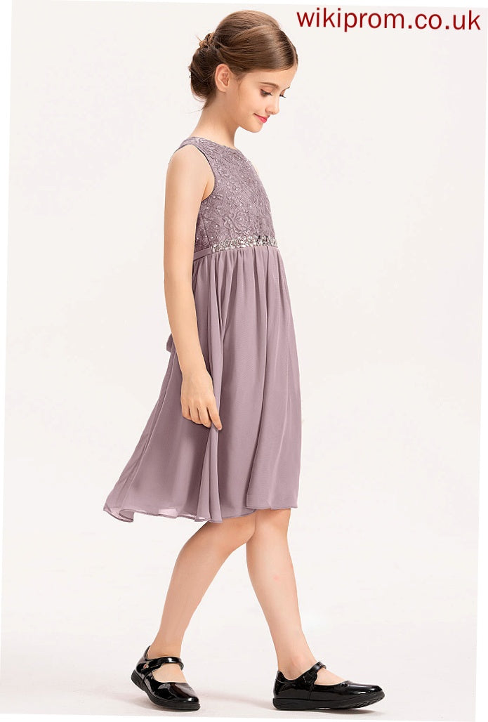 Bow(s) Scoop Jordyn Junior Bridesmaid Dresses Chiffon Lace Beading Neck With A-Line Knee-Length