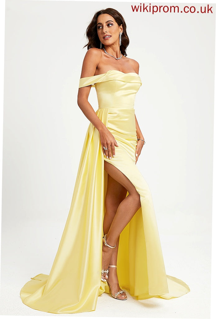 With Ruffle Prom Dresses Off-the-Shoulder Train Sweep Satin Dakota Trumpet/Mermaid