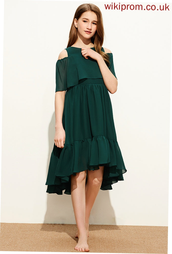 A-Line Elisabeth Asymmetrical Ruffles Junior Bridesmaid Dresses Scoop With Cascading Chiffon Neck