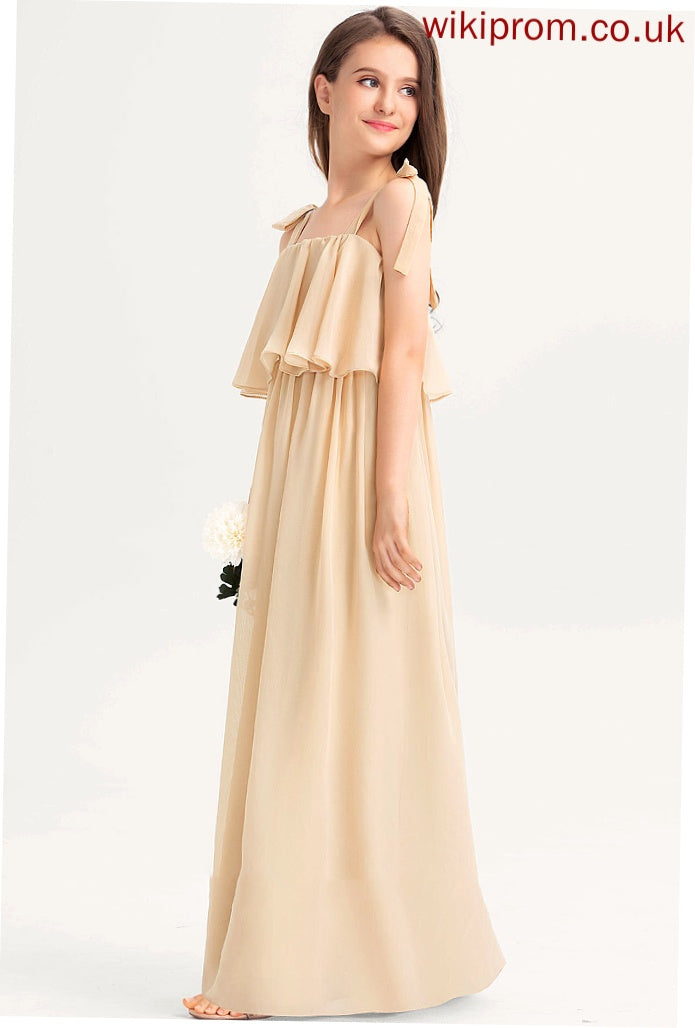 With Chiffon Ruffles Neckline Kendall Square Floor-Length Cascading Junior Bridesmaid Dresses Bow(s) A-Line