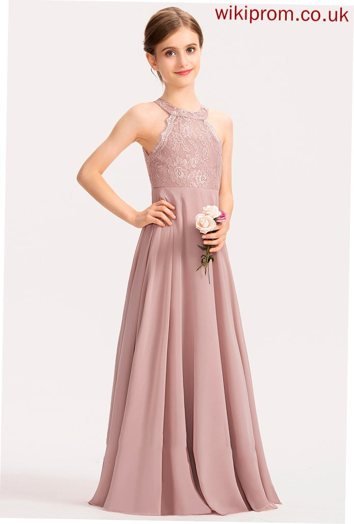 A-Line Lace Junior Bridesmaid Dresses Jaida Neck Chiffon Floor-Length Scoop