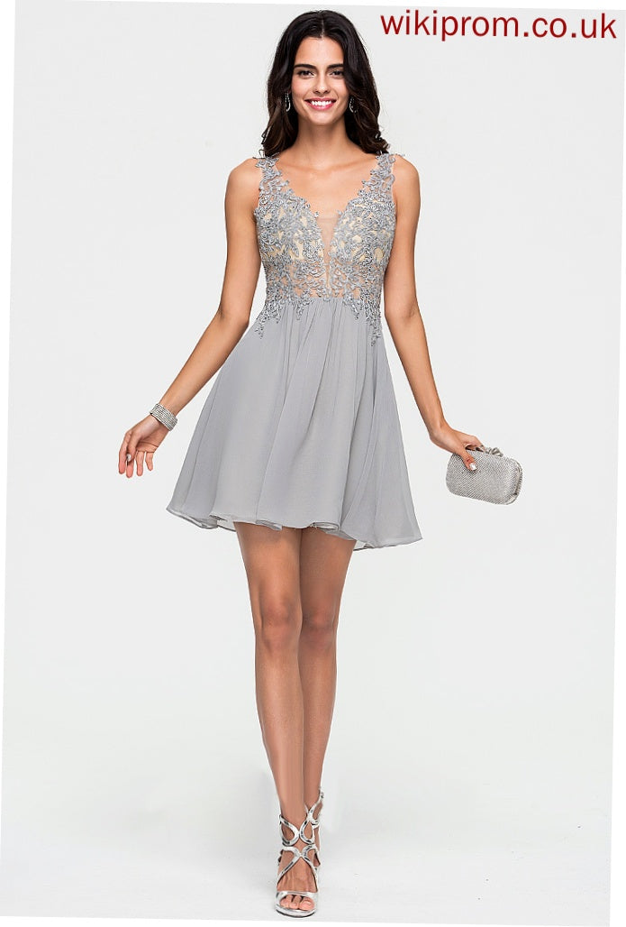 Brisa Chiffon Lace Dress V-neck Short/Mini A-Line With Homecoming Homecoming Dresses Beading