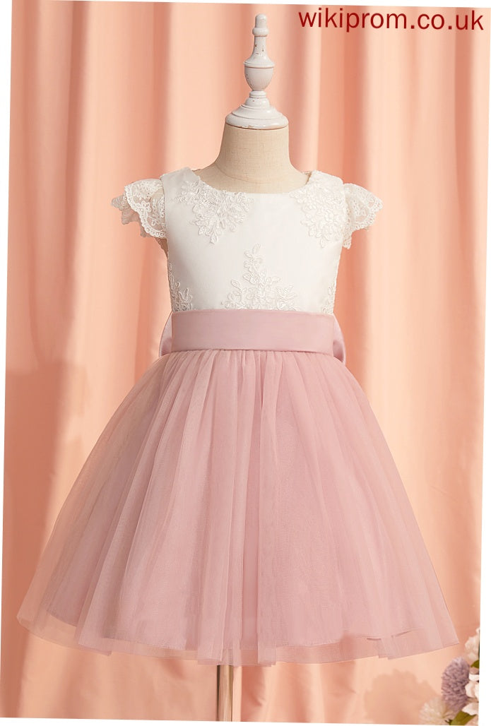 Short Flower Girl Dresses Knee-length Neck Lace/Bow(s) Tulle Flower A-Line - Mareli With Scoop Sleeves Girl Dress