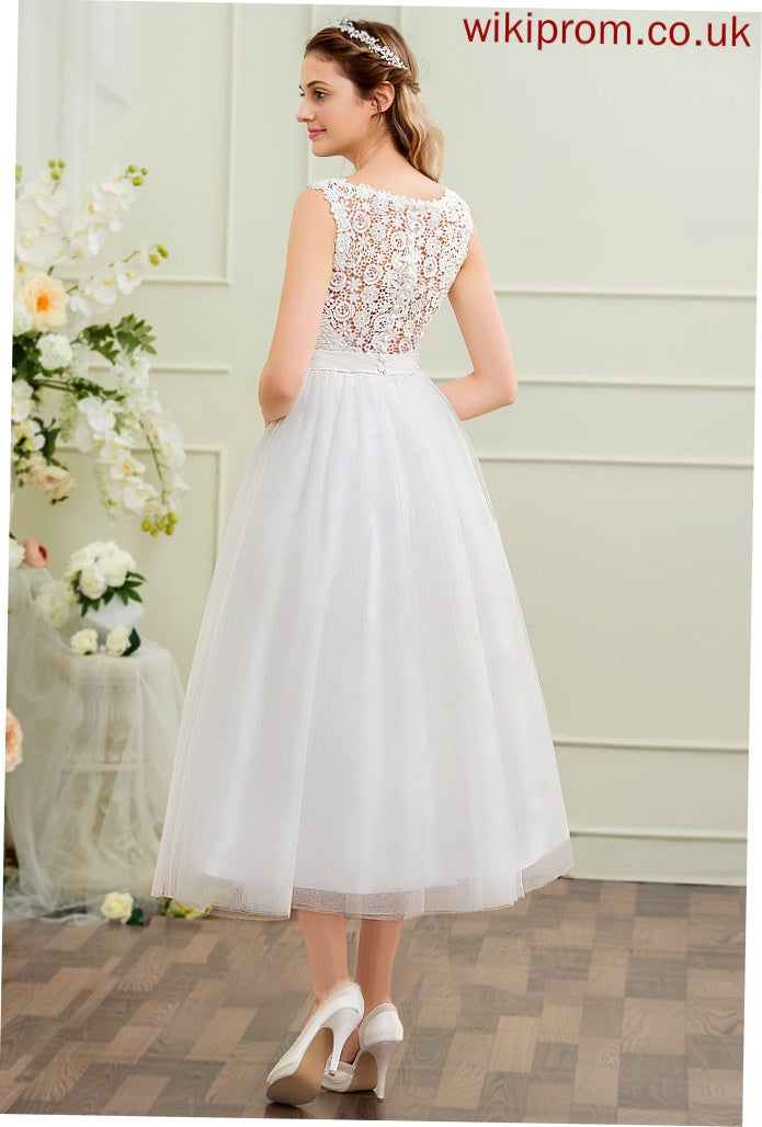 Ball-Gown/Princess Wedding Scoop Silvia Neck With Dress Tulle Sequins Tea-Length Lace Satin Beading Wedding Dresses