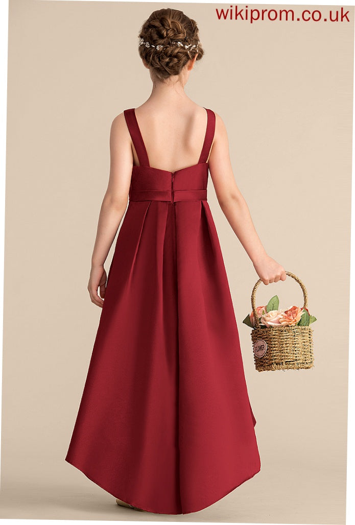 A-Line Teagan Pockets Scoop Neck Asymmetrical With Ruffle Junior Bridesmaid Dresses Satin