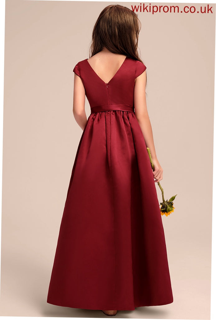 Pockets Scoop Bow(s) Satin Kiera Neck Junior Bridesmaid Dresses Floor-Length With A-Line