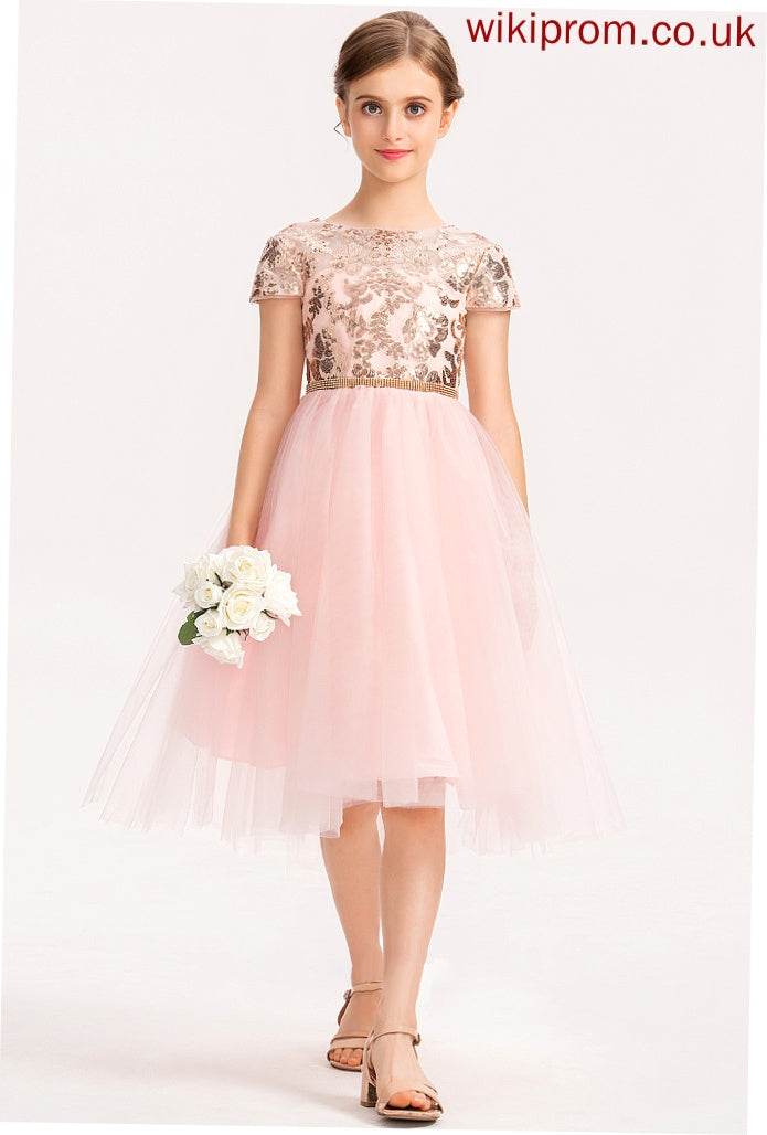 Tulle With Asymmetrical Sequins Neck Junior Bridesmaid Dresses A-Line Scoop Madisyn