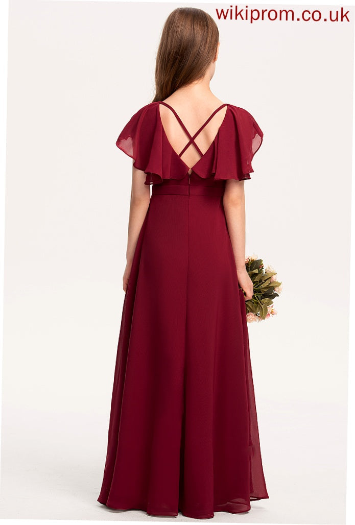 V-neck Junior Bridesmaid Dresses Ruffles Katie With Floor-Length A-Line Cascading Chiffon