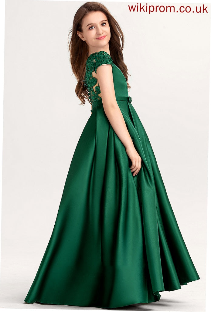 Lace Ball-Gown/Princess Neck Bow(s) Satin Floor-Length Pockets With Junior Bridesmaid Dresses Sophia Scoop