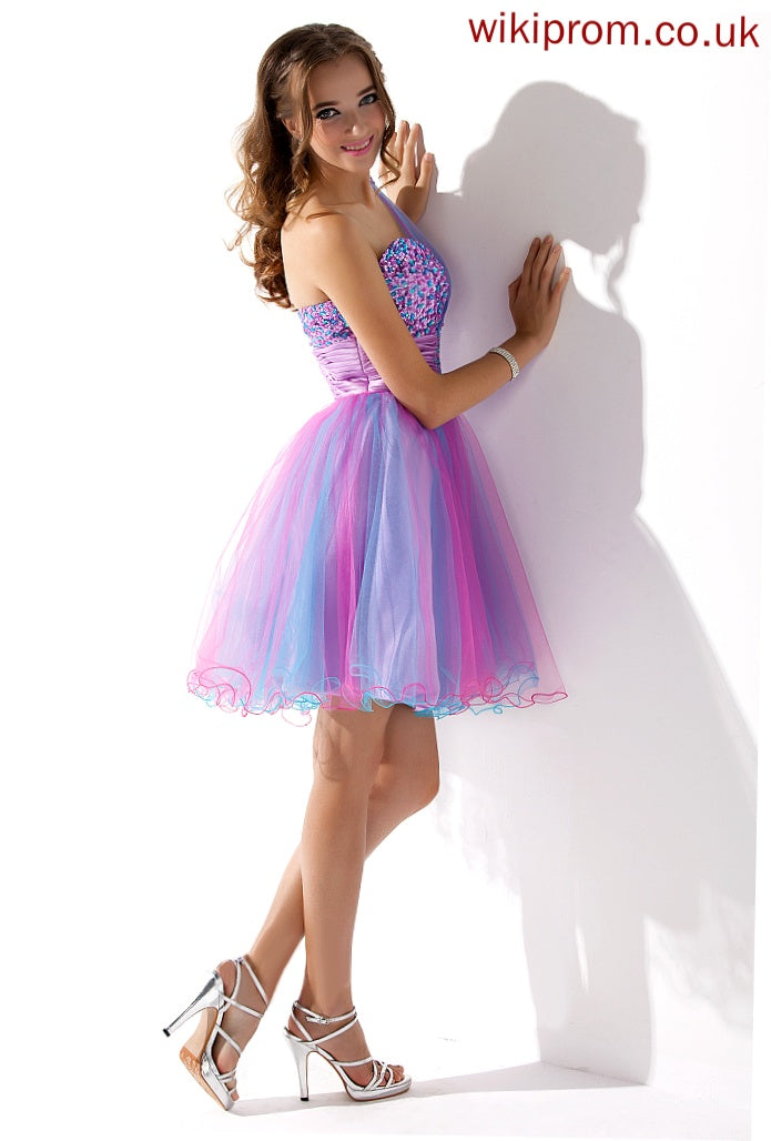 A-Line With One-Shoulder Short/Mini Beading Homecoming Dresses Tulle Sequins Homecoming Ruffle Dress Nathaly