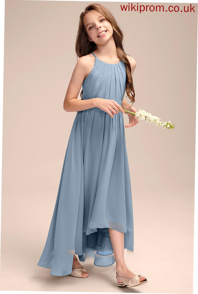 With Ruffle Frederica Junior Bridesmaid Dresses A-Line Bow(s) Neck Asymmetrical Chiffon Scoop