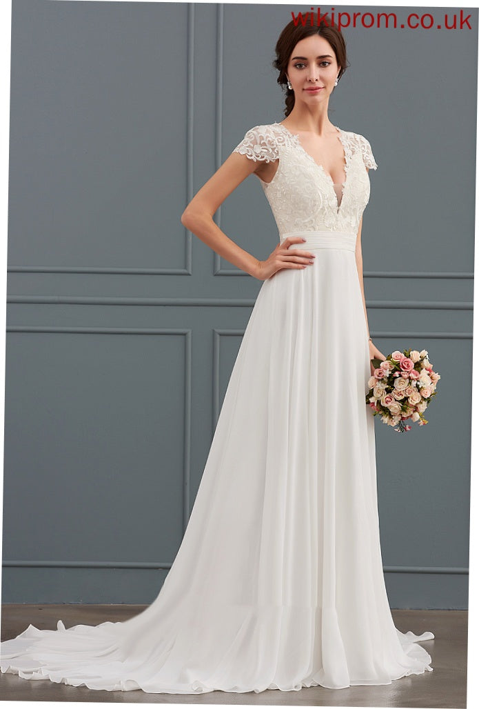 Wedding V-neck Chiffon Wedding Dresses Ruffle Lace A-Line Train With Dress Sweep Miley