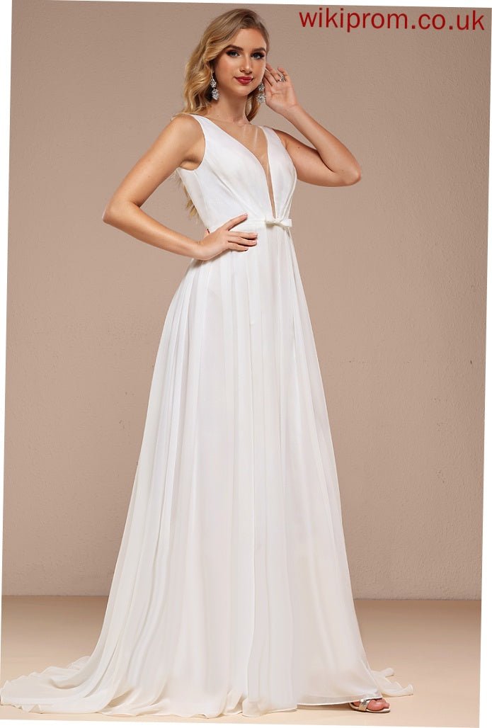 Dress Bow(s) Wedding Sweep With Ashleigh V-neck Wedding Dresses A-Line Chiffon Train