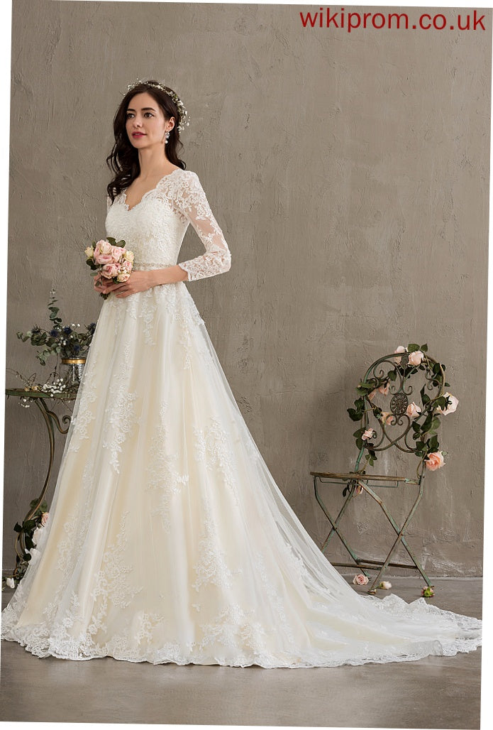 Wedding Dresses Chapel Ball-Gown/Princess Lace Sequins With Beading V-neck Train Wedding Alison Dress Tulle