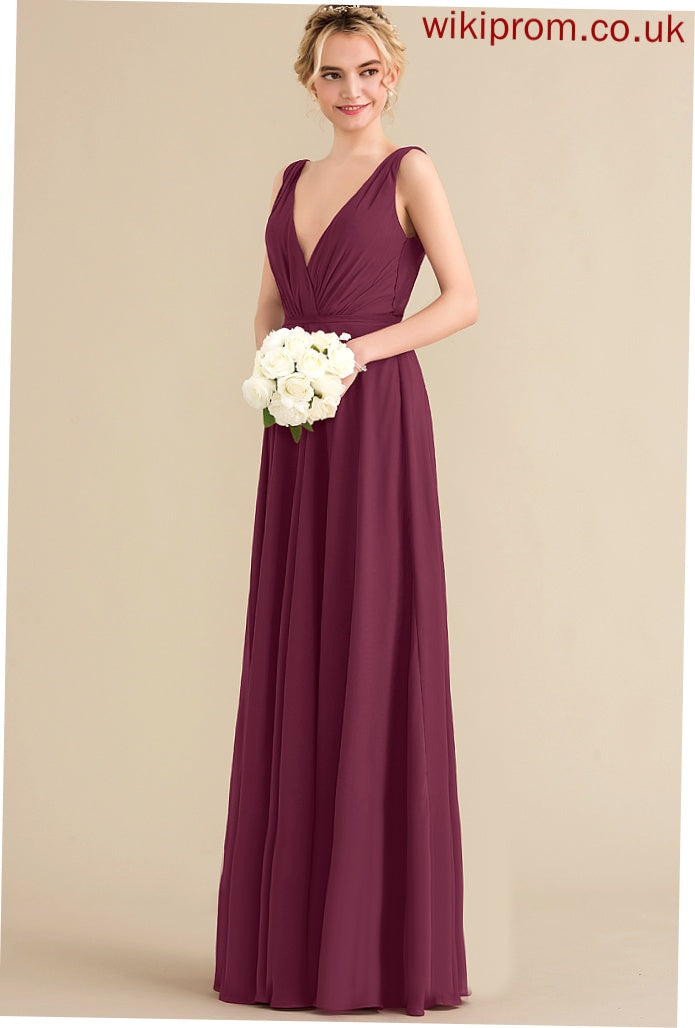 Chiffon A-Line Emelia Pleated Floor-Length Prom Dresses V-neck With