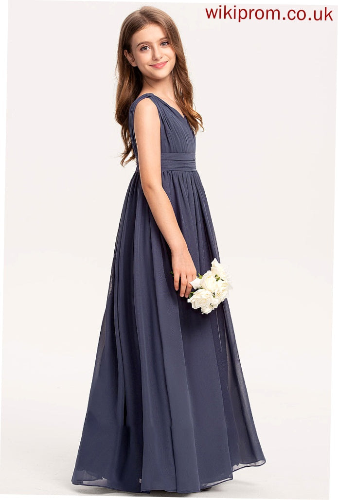 Ruffle Floor-Length Izabelle Junior Bridesmaid Dresses A-Line Chiffon V-neck With