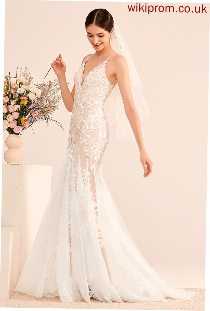 With Tulle Johanna Train Dress V-neck Trumpet/Mermaid Wedding Wedding Dresses Lace Court Lace