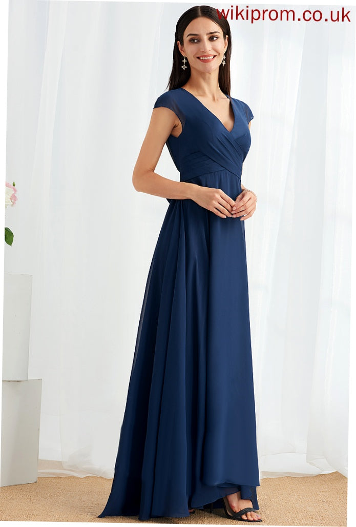 A-Line Ruffle Length Fabric V-neck Floor-Length Embellishment Silhouette Neckline Tia Natural Waist Sleeveless Bridesmaid Dresses