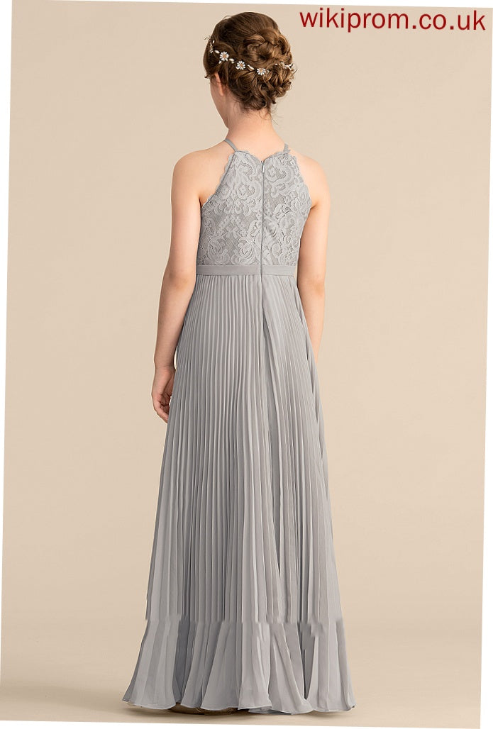 A-Line Scoop Ginny Junior Bridesmaid Dresses With Floor-Length Neck Chiffon Pleated Lace