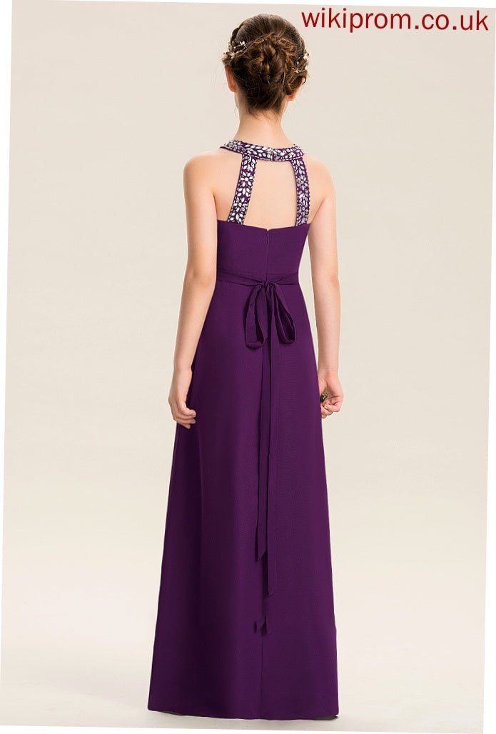 Floor-Length Beading A-Line With Scoop Hazel Neck Bow(s) Chiffon Junior Bridesmaid Dresses