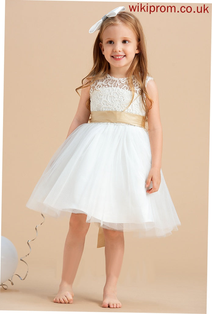 Dress Knee-length Satin/Tulle/Lace Girl With Sleeveless Natalee - Neck Scoop Sash/Bow(s)/Back Flower Girl Dresses Flower Hole A-Line