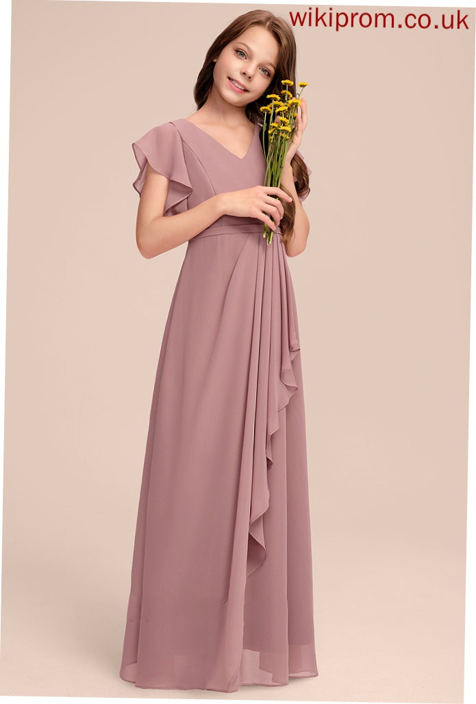 Cascading A-Line Chiffon V-neck Floor-Length Junior Bridesmaid Dresses With Mareli Ruffles