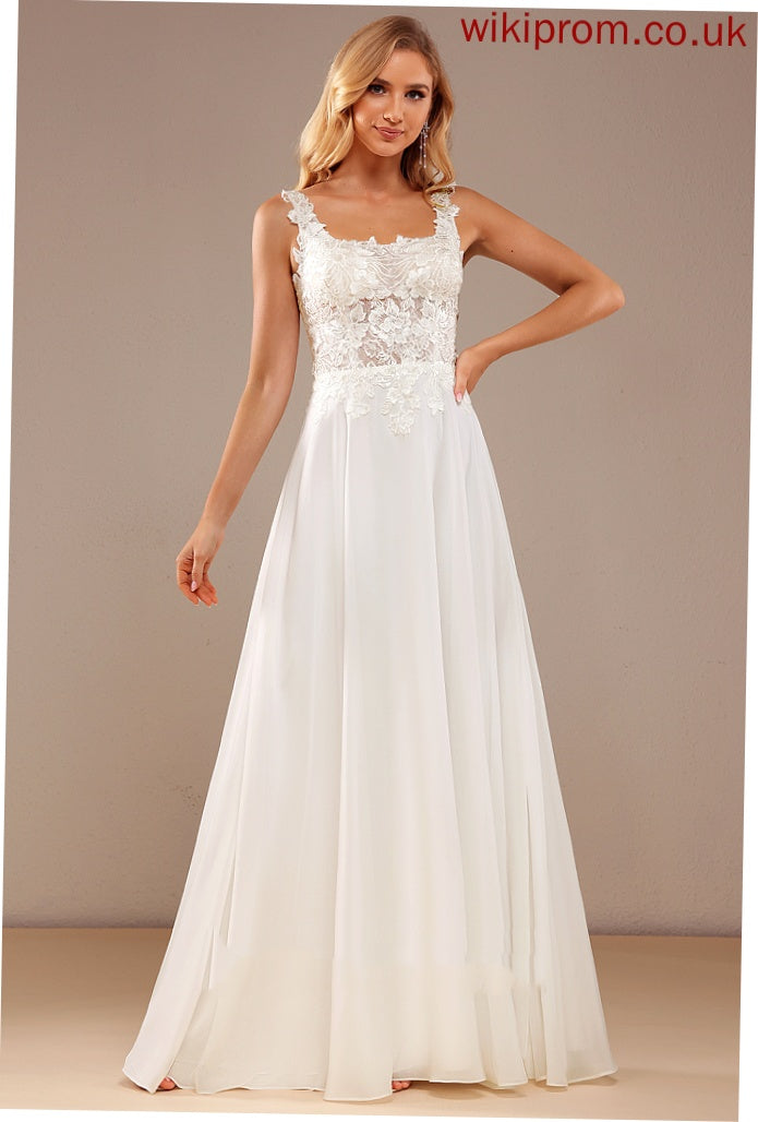 A-Line Floor-Length Chiffon Sequins Wedding Dresses Jaelynn Dress Lace Neckline Square With Lace Wedding