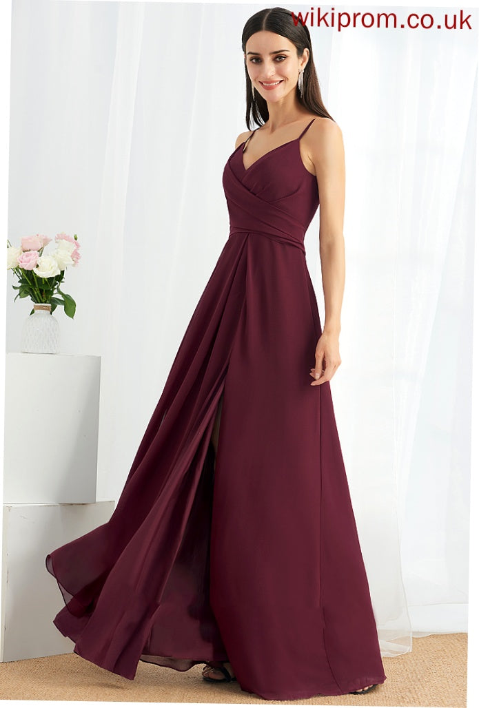 Silhouette A-Line Length Ruffle SplitFront Floor-Length Fabric Embellishment Neckline V-neck Winifred Natural Waist Bridesmaid Dresses