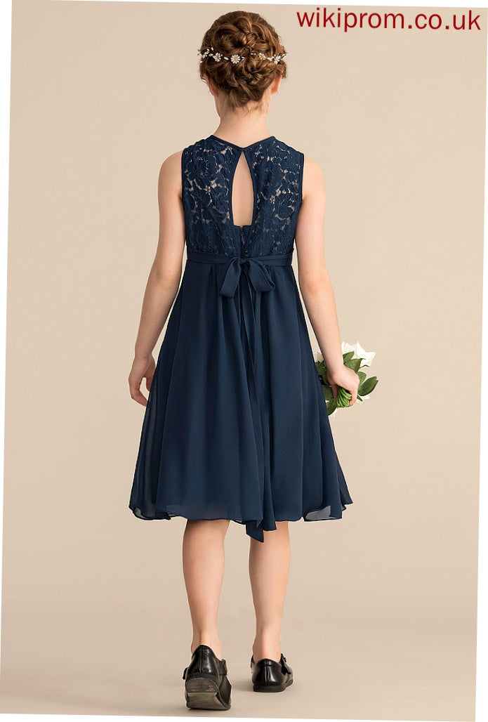 Neck With Sequins Scoop Chiffon Lace Bow(s) Jamiya Beading Junior Bridesmaid Dresses A-Line Knee-Length