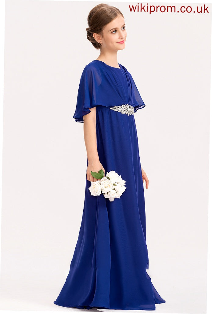 Scoop Junior Bridesmaid Dresses Chiffon Ruffle A-Line Floor-Length Zion Neck With Beading