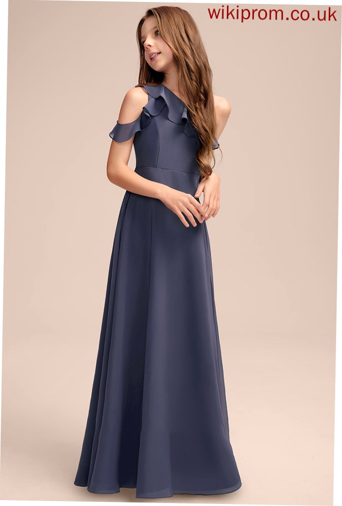 Ruffles With Floor-Length Junior Bridesmaid Dresses A-Line Cascading One-Shoulder Chiffon Sloane