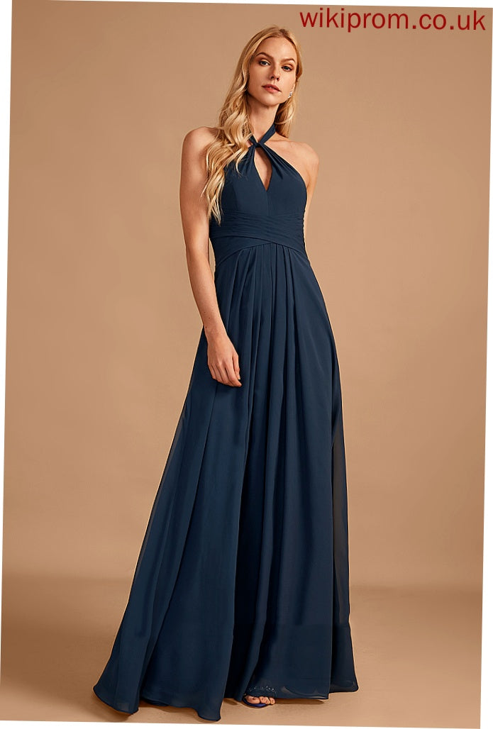 A-Line Silhouette Embellishment Ruffle Halter Neckline Floor-Length Length Fabric Leila Sleeveless Natural Waist Bridesmaid Dresses