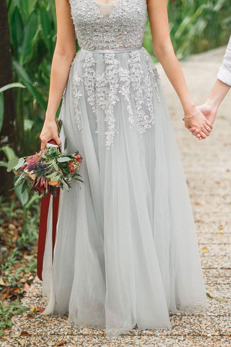 A-Line Grey Tulle with Lace Appliqued V-Neck Long Sleeveless Floor-Length Prom Dresses WK385